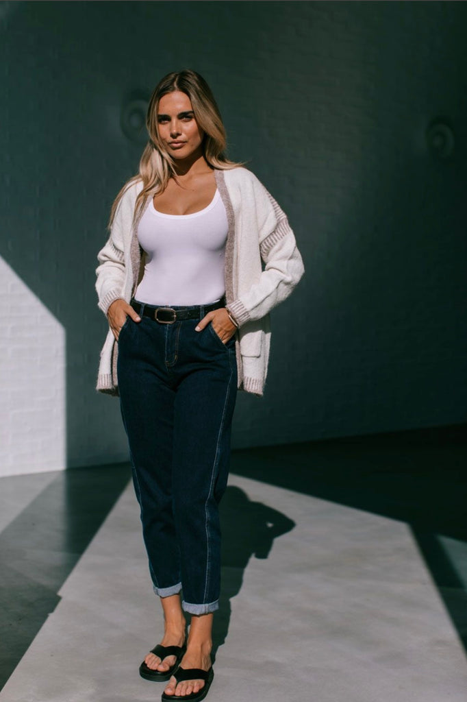 Chantelle cardi - latte-Pash + Evolve-*Cardigan *Pockets on front *Contrast stitching *Long sleeve *65% Acrylic, 35% Wool-Pash + Evolve