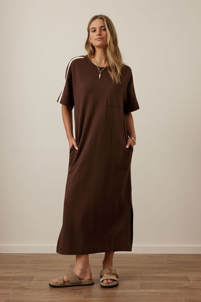 Charlotte Midi Terry Dress - Chocolate side stripe-Ceres Life-Organic cotton terry Soft touch Relaxed Fit Side Split Midi length 100% Cotton-Pash + Evolve