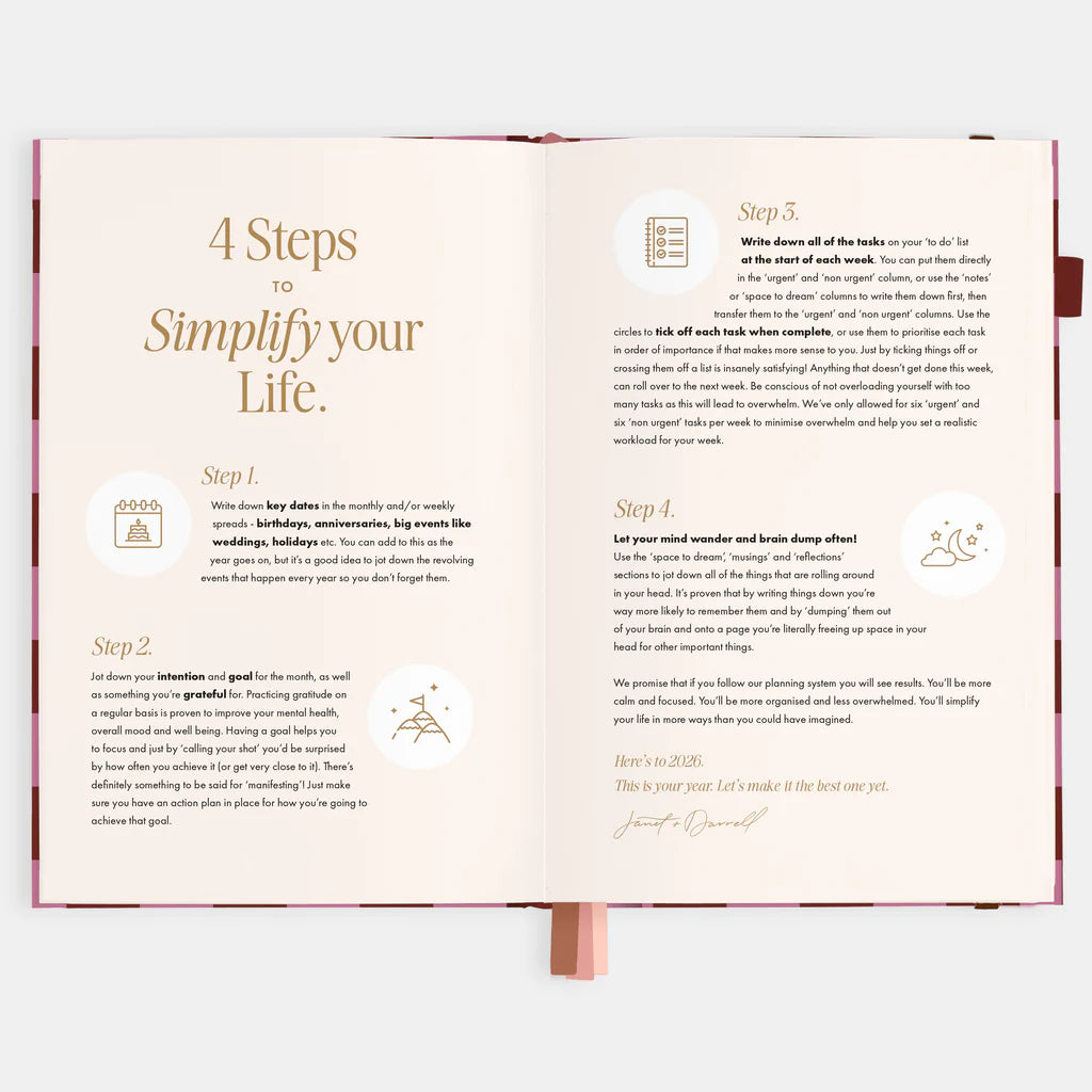 Cherry Check - 2026 A6 horizontal planner-Fox & Fallow-Our best-selling A5 planners are back with a brand new horizontal layout and a new planning system designed to simplify your life.At Fox & Fallow we're all about making planning simple. Your planner should de-stress and simplify your life, not make it more rigid or complicated. That's why we've designed a planning system split into two halves - for your left and right brain. Say hello to the fresh new cover art and new colourful divider pages for each m