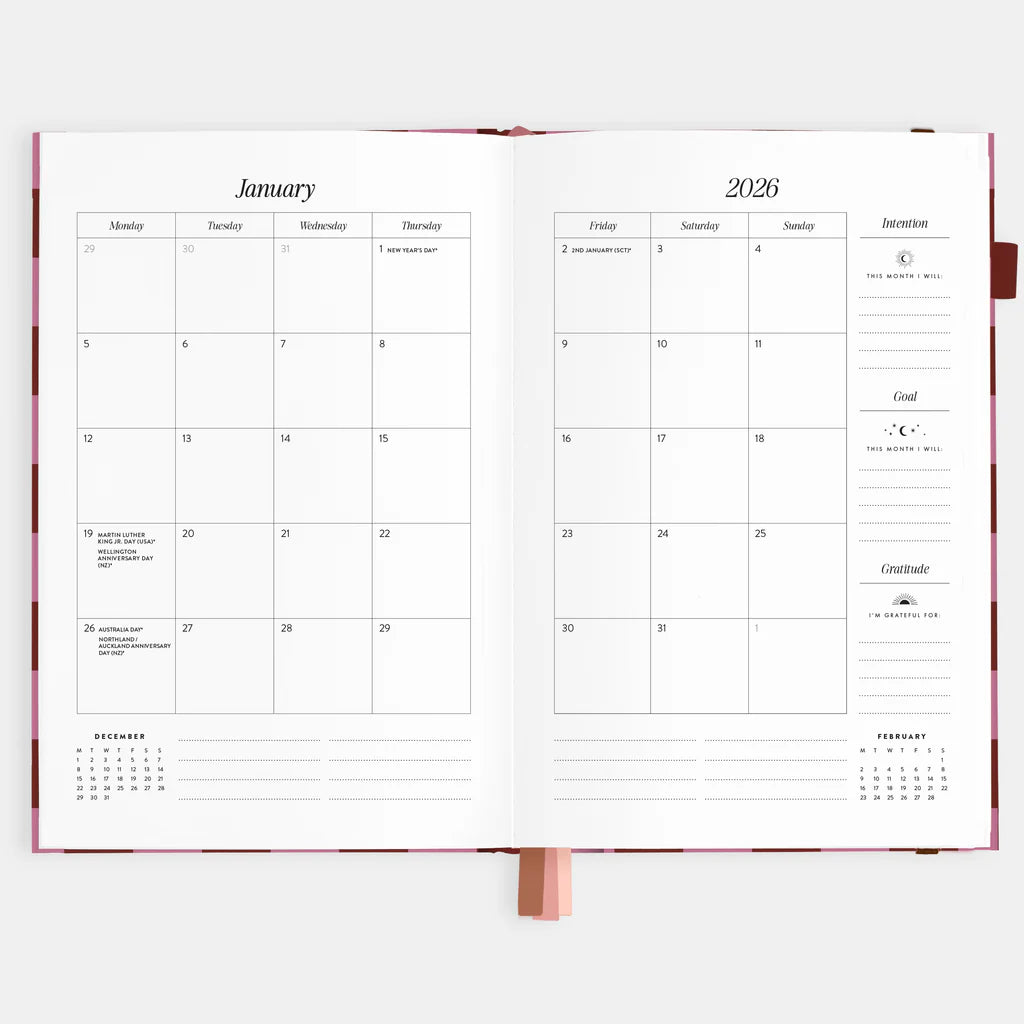 Cherry Check - 2026 A6 horizontal planner-Fox & Fallow-Our best-selling A5 planners are back with a brand new horizontal layout and a new planning system designed to simplify your life.At Fox & Fallow we're all about making planning simple. Your planner should de-stress and simplify your life, not make it more rigid or complicated. That's why we've designed a planning system split into two halves - for your left and right brain. Say hello to the fresh new cover art and new colourful divider pages for each m