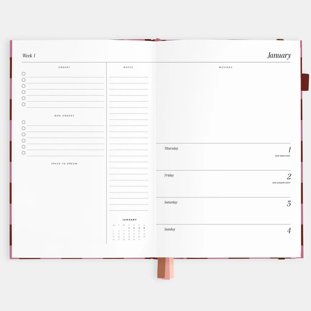 Cherry Check - 2026 A6 horizontal planner-Fox & Fallow-Our best-selling A5 planners are back with a brand new horizontal layout and a new planning system designed to simplify your life.At Fox & Fallow we're all about making planning simple. Your planner should de-stress and simplify your life, not make it more rigid or complicated. That's why we've designed a planning system split into two halves - for your left and right brain. Say hello to the fresh new cover art and new colourful divider pages for each m