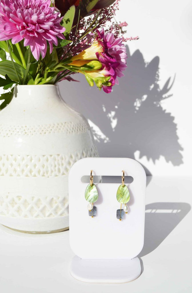 Chloe earring - sage-Hagen + Co-An organic shaped earring in marbled, sage green acrylic with charms in blue/charcoal glass faceted beads and freshwater pearl nuggets. Hanging from a gold huggie hoop. These earrings are so delicate and pretty with a contemporary edge. One of our favourites!*Materials: Acrylic, glass beads, freshwater pearls*Nickel Free earring hoops*Light weight and easy to wear.*Hoop: 15mm*Earring: 13mm x 40mm*Packaged in a gift box-Pash + Evolve