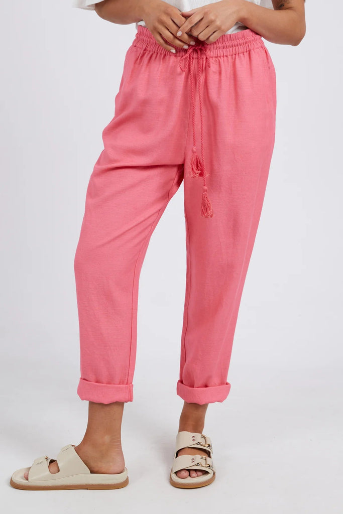 Clem Relaxed Pant - Pink Lemonade-Elm-The Perfect Pant For The Season! Featuring An Easy To Wear Elastic Waist With Drawstring Tie And Side Seam Pockets. These Lightweight Linen Blend Pants Are So Versatile They Can Be Dressed Up Or Down With Whatever You Choose To Pair Them With. Easy Pull On Style Tapered Leg Side Seam Pockets Slub Linen Viscose Model is 169cm and wears Size 10-Pash + Evolve