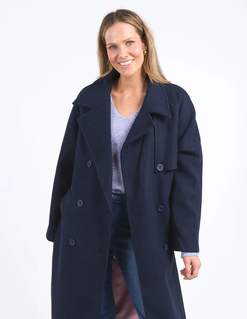 Clemence coat - dark sapphire-Elm-Looking for that timeless coat that will stand the test of time? The Clemence Coat in beautiful wool melton, is fully lined and features buttons and pockets. Long line shape Button opening with pockets Fully lined Melton with Stretch Satin Lining-Pash + Evolve