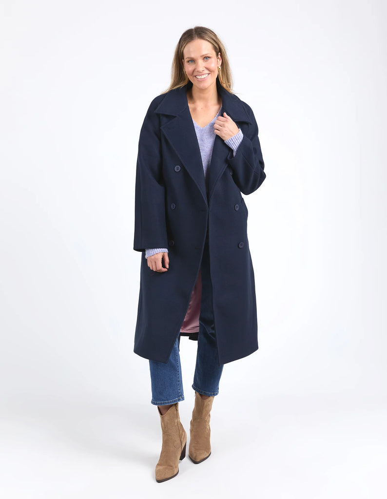 Clemence coat - dark sapphire-Elm-Looking for that timeless coat that will stand the test of time? The Clemence Coat in beautiful wool melton, is fully lined and features buttons and pockets. Long line shape Button opening with pockets Fully lined Melton with Stretch Satin Lining-Pash + Evolve