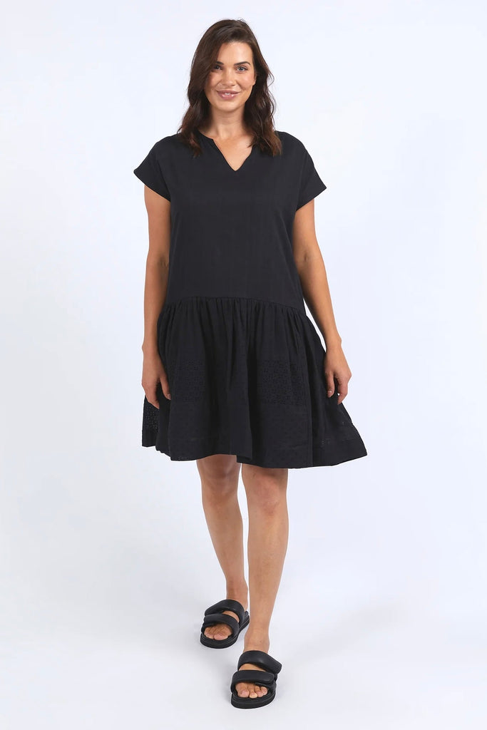 Clementine Dress - Black-Elm-Enjoy a little black dress moment in the Clementine Dress. Made with love from 100% cotton in a knee length design, this mixed broderie black dress offers a versatile and timeless beauty. Mixed broderie Knee length Vee Neckline 100% Cotton-Pash + Evolve