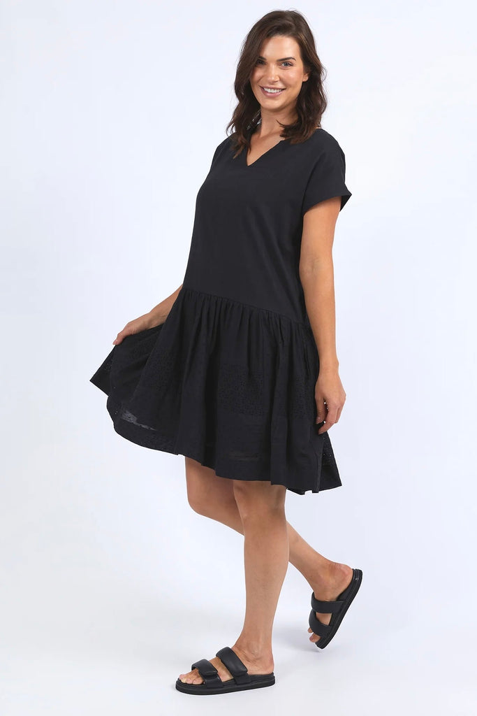 Clementine Dress - Black-Elm-Enjoy a little black dress moment in the Clementine Dress. Made with love from 100% cotton in a knee length design, this mixed broderie black dress offers a versatile and timeless beauty. Mixed broderie Knee length Vee Neckline 100% Cotton-Pash + Evolve