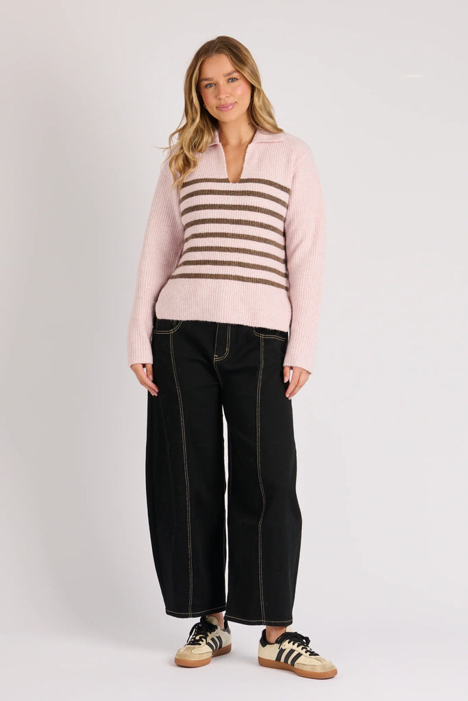 Collared Jumper - Pink & Chocolate Stripe-One Ten Willow-Blend softness with statement style in the Collared Jumper in Pink and Chocolate Stripe. Crafted from a cosy knit with a refined rib texture, this piece delivers warmth without compromising on polish. The contrast stripe detail across the chest adds a modern, sporty edge, while the open collar neckline creates a flattering, relaxed feel that layers beautifully through the cooler months. Fabric: Polyester, wool and elastane blend for warmth, softness 