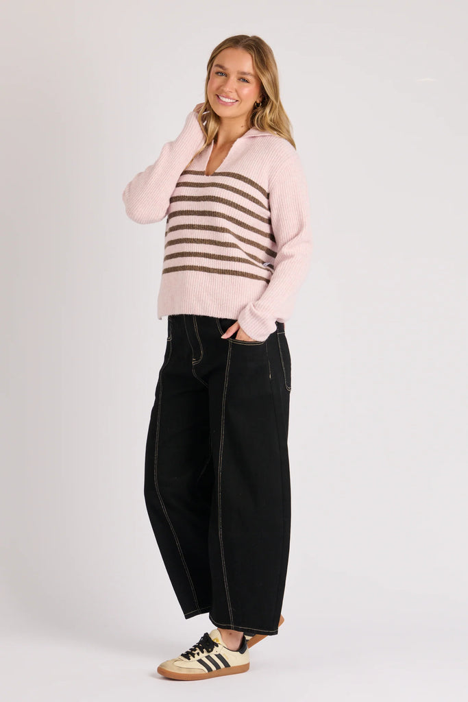 Collared Jumper - Pink & Chocolate Stripe-One Ten Willow-Blend softness with statement style in the Collared Jumper in Pink and Chocolate Stripe. Crafted from a cosy knit with a refined rib texture, this piece delivers warmth without compromising on polish. The contrast stripe detail across the chest adds a modern, sporty edge, while the open collar neckline creates a flattering, relaxed feel that layers beautifully through the cooler months. Fabric: Polyester, wool and elastane blend for warmth, softness 