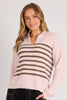 Collared Jumper - Pink & Chocolate Stripe-One Ten Willow-Blend softness with statement style in the Collared Jumper in Pink and Chocolate Stripe. Crafted from a cosy knit with a refined rib texture, this piece delivers warmth without compromising on polish. The contrast stripe detail across the chest adds a modern, sporty edge, while the open collar neckline creates a flattering, relaxed feel that layers beautifully through the cooler months. Fabric: Polyester, wool and elastane blend for warmth, softness 