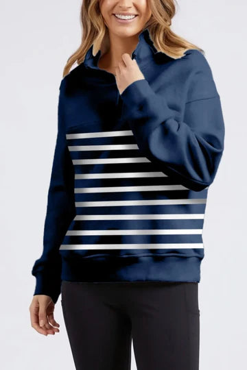 College zip crew - navy/white stripe-Foxwood-Add a touch of college cool to your everyday in the LeisureFit College Zip Crew. Featuring a zip neck opening and chic collar embroidery this jumper is a winner this season. Front zip neck opening Collar embroidery Relaxed fit 100% Cotton Model is wearing a size 10-Pash + Evolve