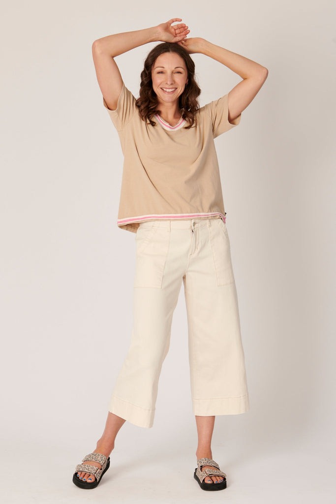 Contrast hem detail tee - taupe-One Ten Willow-*Contrast hem detail *Hi-low hemline *Cotton, Polyester, Elastane-Pash + Evolve