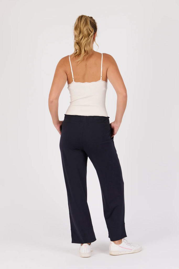 Cuff Detail Pant - Blue Graphite-One Ten Willow-Elasticated Waist Band Self Fabric Waist Tie Side Pockets Wide Leg Cuff Detail Material: 95% Cotton 5% Elastane Model is 176cm (Size 8-10) and wears our size Small-Pash + Evolve