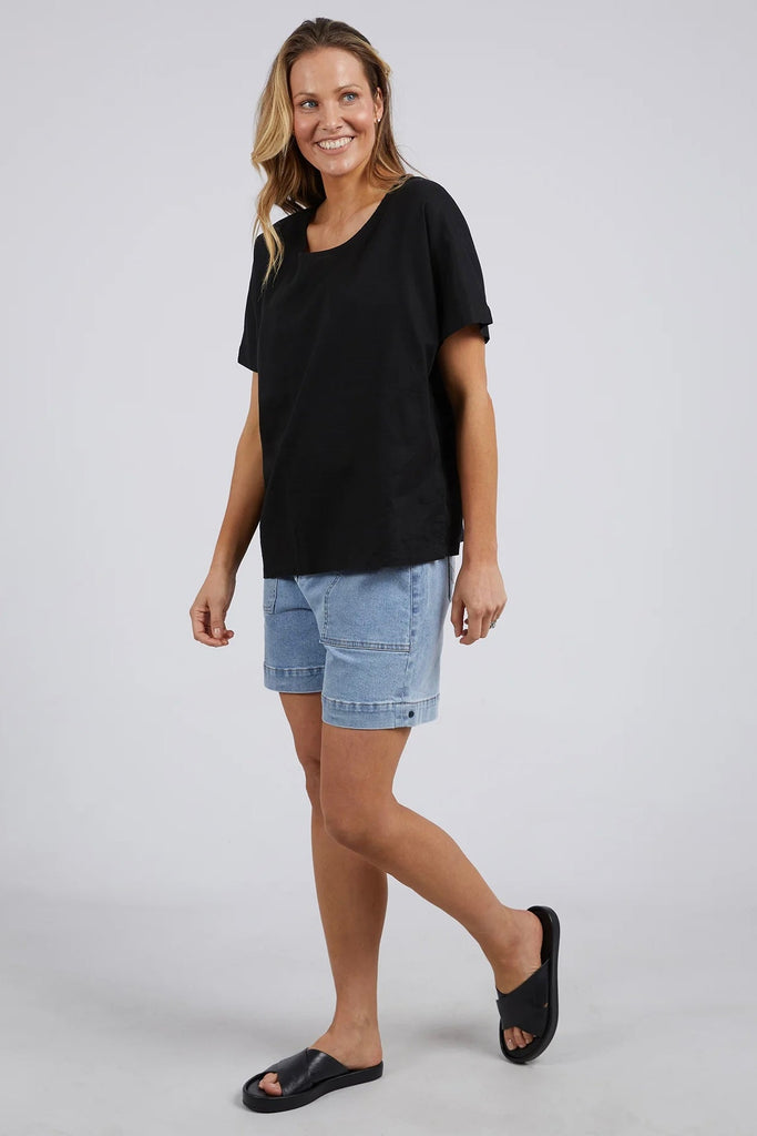 Curtis Woven Tee - Black-Elm-This Curtis Woven Tee is a must-have basic for any wardrobe. It offers a comfortable and versatile fit. Perfect for everyday wear, it is a timeless piece that can be dressed up or down for any occasion. Regular fit Cotton Model is wearing a size 10.-Pash + Evolve