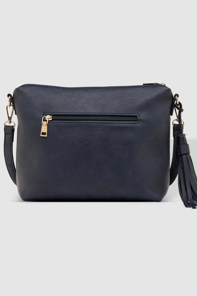 Daisy Crossbody Bag With Tyler Strap - Navy-Louenhide-The Louenhide Daisy Navy Crossbody Bag with Tyler Strap is a gorgeously soft and slouchy bag, styled with a trending camouflage print guitar strap! Secure your essentials in the two slip pockets, one zip pocket, and a backside zip pocket. Complete with a tassel and two adjustable and detachable straps, the Daisy Navy is a relaxed and understated large crossbody bag style that is perfect for everyday use. If the Daisy Navy Crossbody Bag is too big for you