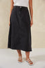 Dalton Denim Skirt - Slate-HAVEN-Meet your new go-to denim piece, the Dalton Denim Skirt, crafted from stretchy cotton. This midi skirt, flaunting an A-line silhouette, seamlessly incorporates features from your favourite denim jeans. An ideal alternative to traditional jeans, it's the perfect companion for casual occasions and weekend activities. A-Line Mid-rise Half elastic waist Button and zip closure Belt loops Front and back pockets Wide vents Midi-length 98% Cotton, 2% Spandex-Pash + Evolve