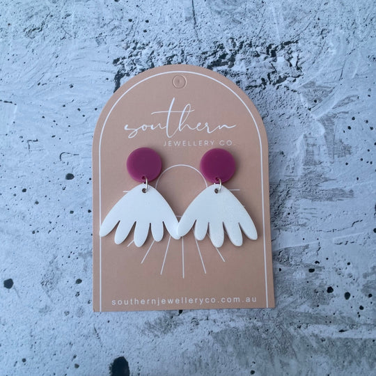 Dangle earring - white-Pash + Evolve-Be the star of any event with these hand-crafted earrings! These unique white and plum earrings are so versatile, you can go from day to night with ease. Plus, with their handmade acrylic design, you'll be sure to turn heads with a style all your own! *Made from Acrylic-Pash + Evolve