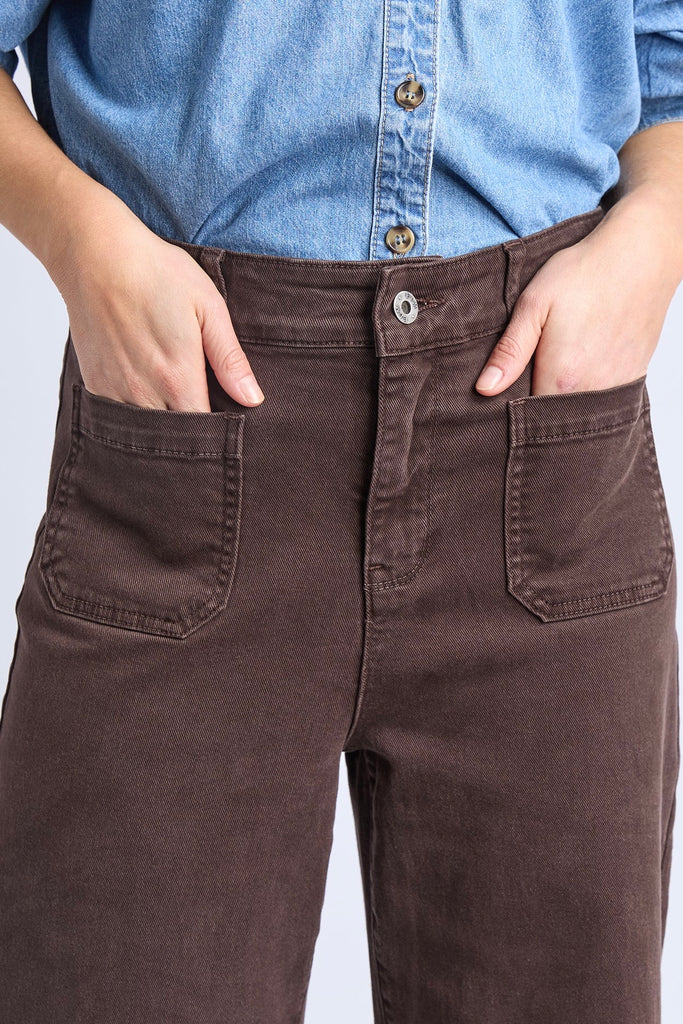 Delphi Front Pocket Jean - Chocolate-Elm-The Delphi Front Pocket Jean is an effortless everyday style with a relaxed wide-leg shape that feels both polished and easy to wear. With an easy pull-on waist for all-day comfort, a relaxed wide-leg silhouette, and practical pocket detail, it’s made for easy everyday outfitting. Crafted from comfortable stretch denim, it delivers comfortable wear and easy versatility. Wear it with a neat knit, a tucked-in shirt or a simple tee to highlight the silhouette, then add