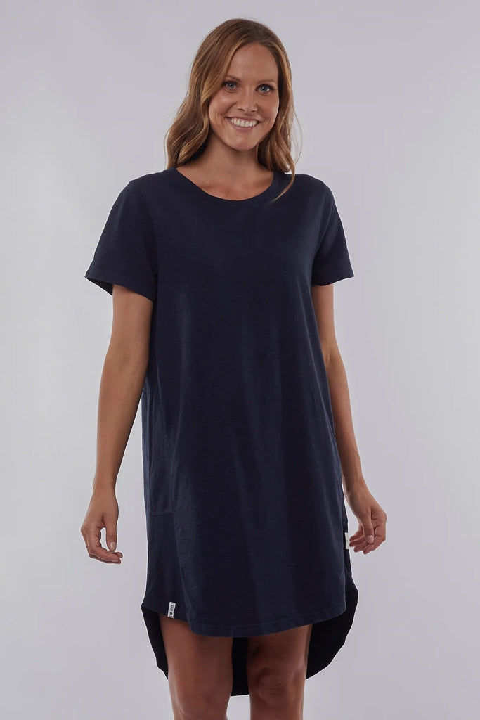 Easy living dress - navy-Elm-Just As The Name Suggests, The Easy Living Dress Is Just That! Made In A Cool And Comfortable Cotton Slub Jersey This Knee Length Dress Features A Crew Neckline And Ribbed Panels On The Back And Side Seam For Extra Comfort! Ribbed Side Panels Drop Back Hemline Midi Length Cotton Jersey Model is 169cm and wears Size 10-Pash + Evolve