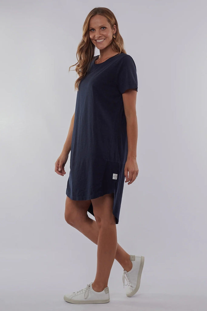 Easy living dress - navy-Elm-Just As The Name Suggests, The Easy Living Dress Is Just That! Made In A Cool And Comfortable Cotton Slub Jersey This Knee Length Dress Features A Crew Neckline And Ribbed Panels On The Back And Side Seam For Extra Comfort! Ribbed Side Panels Drop Back Hemline Midi Length Cotton Jersey Model is 169cm and wears Size 10-Pash + Evolve