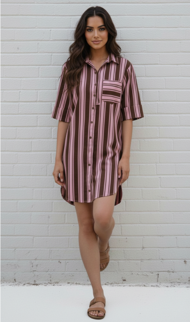 Ebby shirt dress - Chocolate/Pink-Pash + Evolve-*Collar *Button down front *Chocolate/Pink stripe *Short sleeve *Curved hemline *100% Cotton-Pash + Evolve