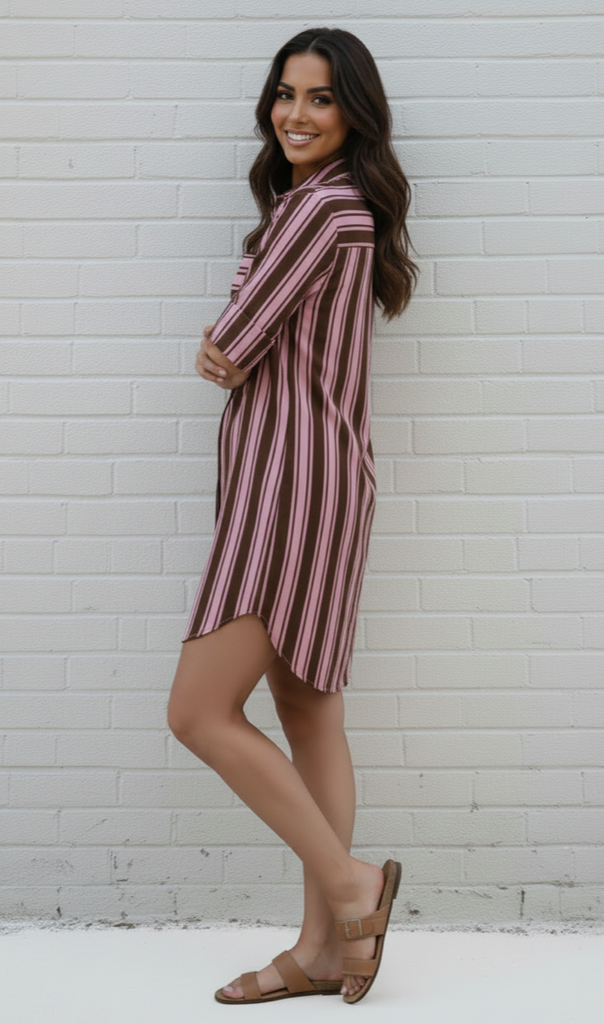 Ebby shirt dress - Chocolate/Pink-Pash + Evolve-*Collar *Button down front *Chocolate/Pink stripe *Short sleeve *Curved hemline *100% Cotton-Pash + Evolve