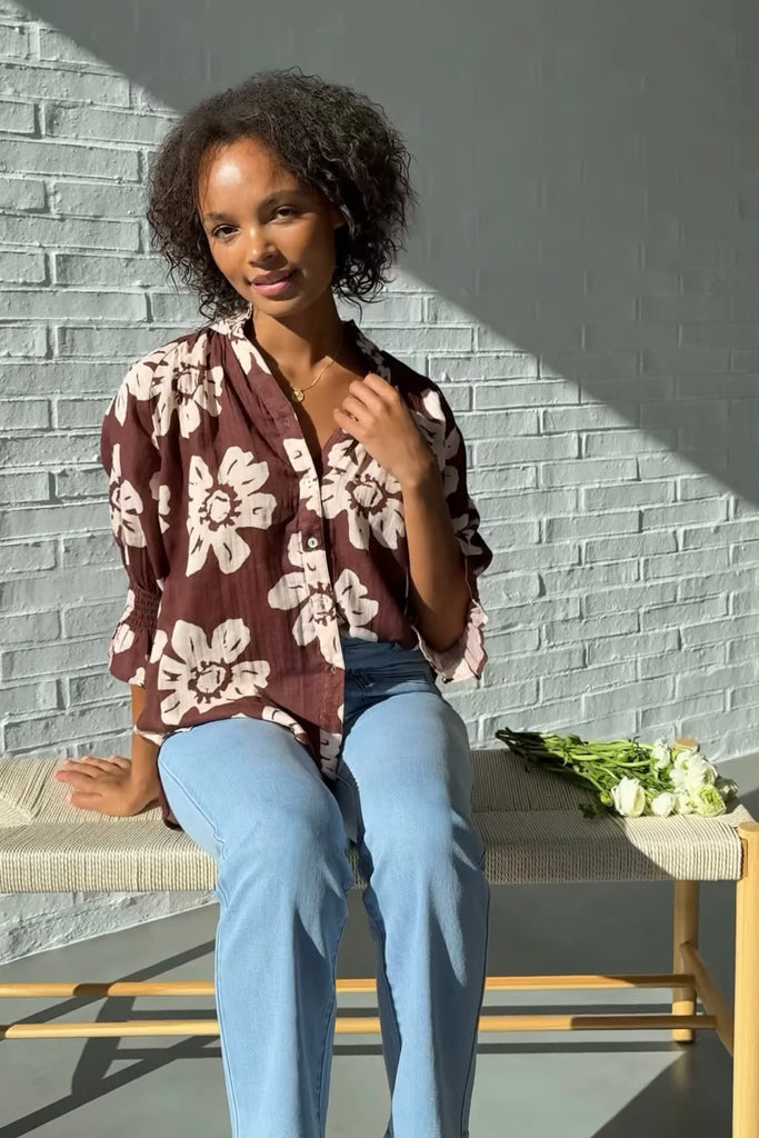 Eden top - Chocolate Flower-Pash + Evolve-*Button down front *Chocolate Flower *Details on Sleeve *V neck-Pash + Evolve