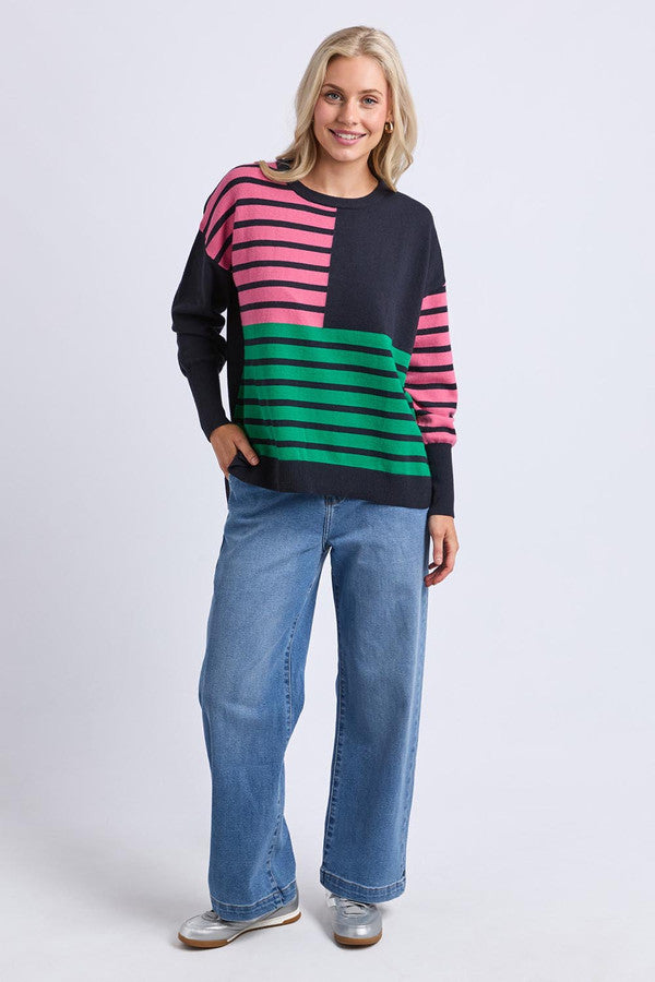 Effie mixed knit - pink/turquiose-Elm-Crew neckline with rib trim Long sleeves with drop shoulder Long ribbed sleeve cuffs Side splits at hem Relaxed fit 50% viscose 28% polyester 22% nylon-Pash + Evolve