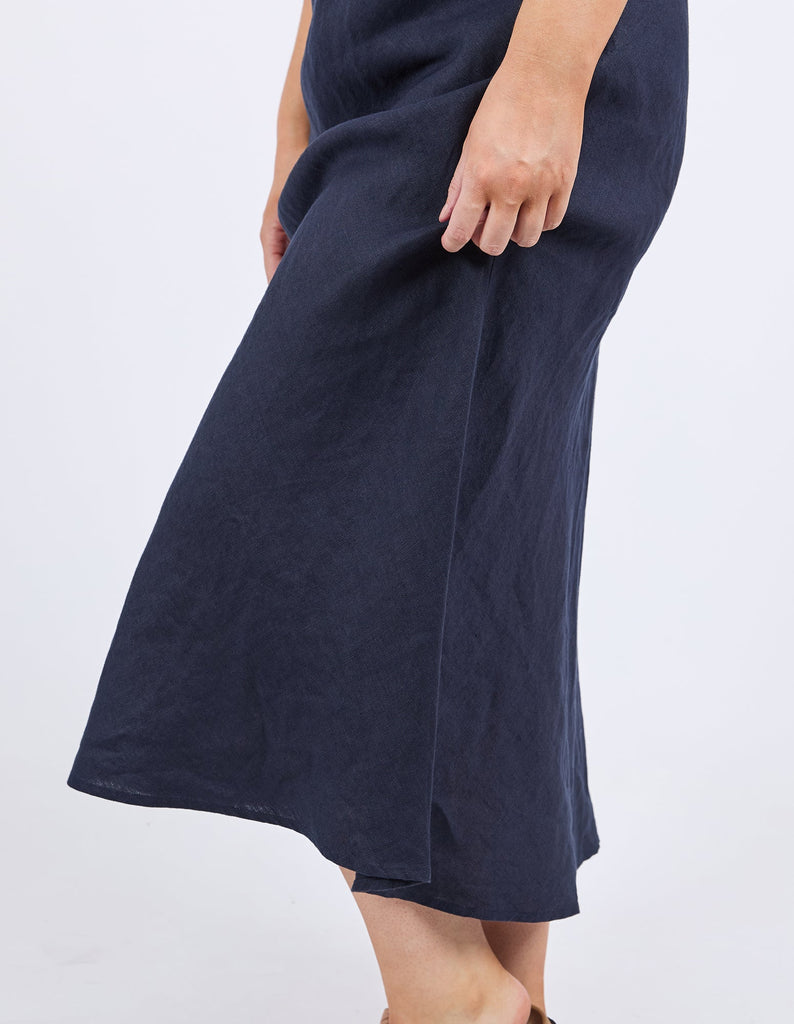 Eleni Skirt - Dark Sapphire-Elm-Designed for everyday wear, the eleni skirt boasts bias cut, elastic waist, and slightly flared hemline. Style it your way for an effortless look that works for any day of the week. Bias cut Elastic waist Slightly flared hemline Linen Model is 171cm and wears Size 10-Pash + Evolve