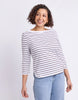Eliza Boat Neck Tee Stripe - White/Coffee-Elm-The Eliza Boat Neck Tee brings effortless elegance to everyday dressing. Featuring a flattering boat neckline, 3/4 sleeves and a softly curved hem, it's perfect with jeans, skirts or tailored pants. Boat neck line 3/4 sleeves Curved hemline True to size 95% cotton 5% elastane jersey The Model is 173cm and is wearing a size 10-Pash + Evolve