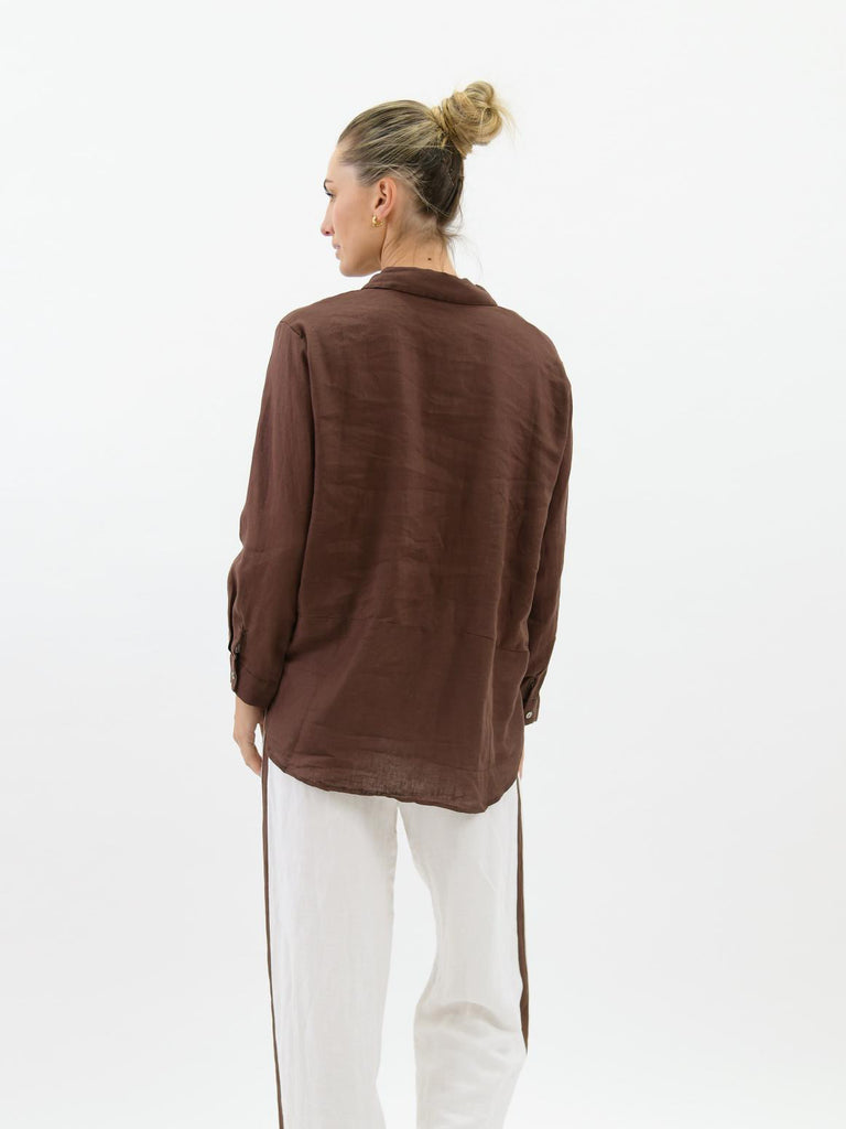 Ellie linen shirt - chocolate-Pash + Evolve-*Long sleeve *High-low hemline *Button up front *Collar *100% Linen-Pash + Evolve