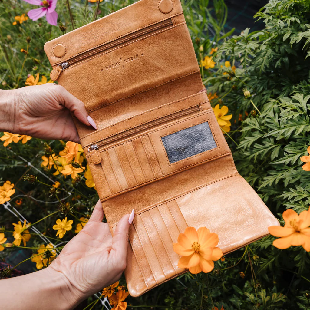 Emily purse - tan-DUSKY ROBIN-Emily is a larger wallet, designed to carry it all! Features include: 13 card slots 2 internal pockets with zip closure A pocket on the back with zip closure 1 note section A large pocket for a passport or a phone (including plus sizes) Dark grey chambray lining Made from the finest softest leather Size: 19cm length x 12cm width x 3cm depth-Pash + Evolve