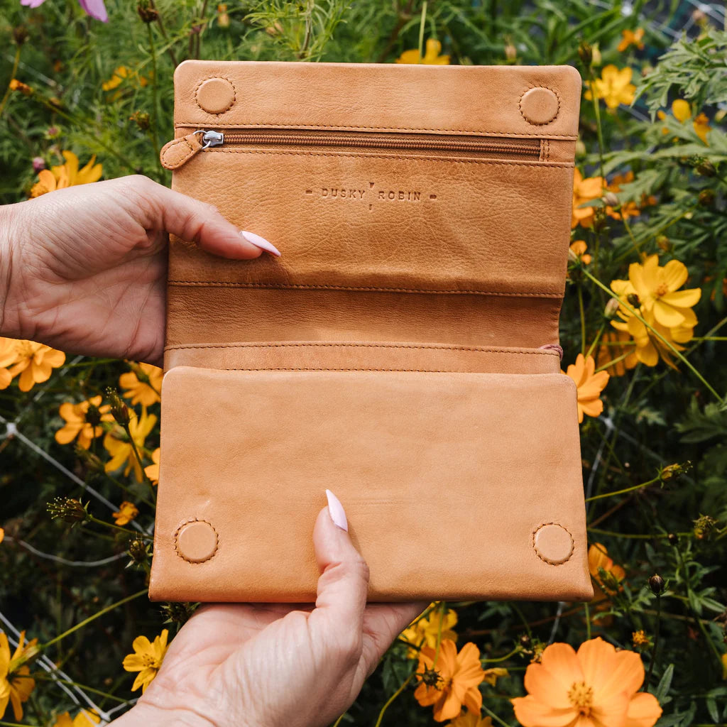 Emily purse - tan-DUSKY ROBIN-Emily is a larger wallet, designed to carry it all! Features include: 13 card slots 2 internal pockets with zip closure A pocket on the back with zip closure 1 note section A large pocket for a passport or a phone (including plus sizes) Dark grey chambray lining Made from the finest softest leather Size: 19cm length x 12cm width x 3cm depth-Pash + Evolve