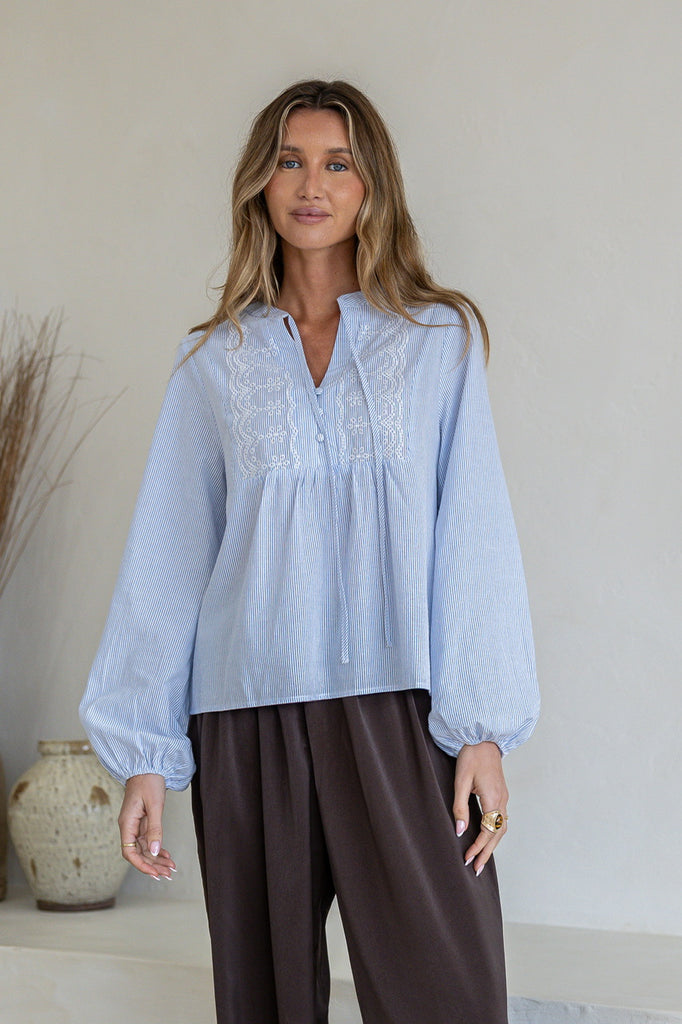 Emily top - white/blue-Pash + Evolve-*Embroidery detailing on front *Front tie *Elasticated cuffs *Long sleeve *Blue/white stripe *100% Cotton-Pash + Evolve