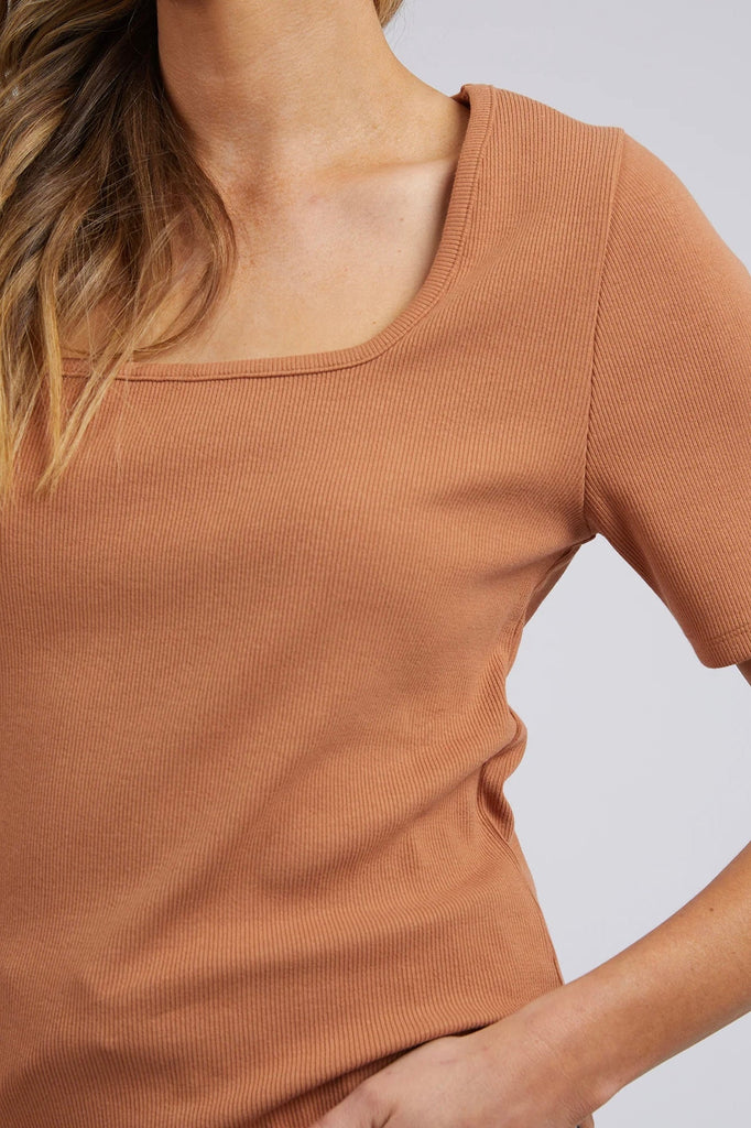 Emmy Rib Tee - Latte-Foxwood-Every wardrobe needs a ribbed tee and the Emmy is the ultimate in stylish simplicity. Featuring a flattering square neckline and curved hem, this easy to wear tee can be worn tucked in or atop your favourite bottoms with ease. Square neckline Fitted rib shape Curved hem Model is 176cm tall and wears size 8-Pash + Evolve