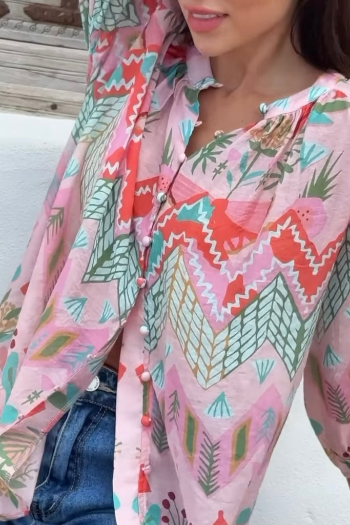 Esme top - pink garden-Pash + Evolve-Our beautiful Esme top is the perfect one for any outfit. Featuring a stunning print all over, button down front and 3/4 sleeves. *Stunning print all over *Button down front *3/4 Sleeves *Lightweight material *70% Cotton, 30% Nylon-Pash + Evolve