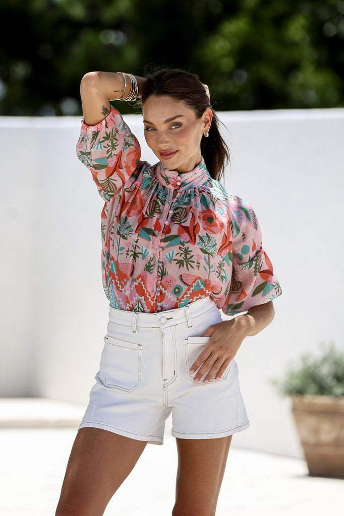 Esme top - pink garden-Pash + Evolve-Our beautiful Esme top is the perfect one for any outfit. Featuring a stunning print all over, button down front and 3/4 sleeves. *Stunning print all over *Button down front *3/4 Sleeves *Lightweight material *70% Cotton, 30% Nylon-Pash + Evolve