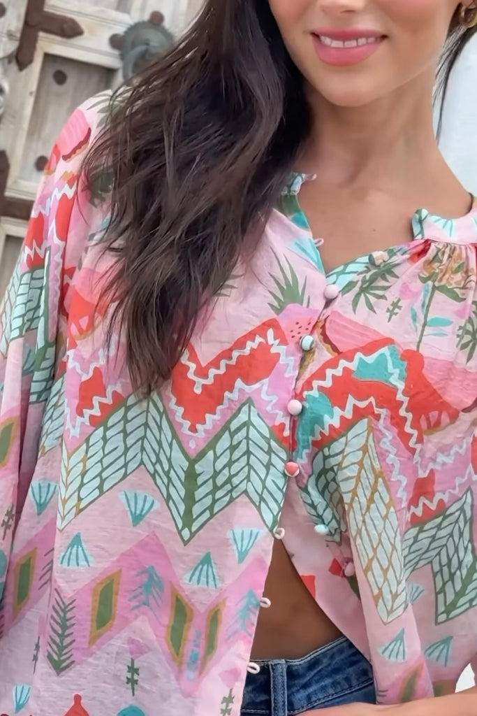 Esme top - pink garden-Pash + Evolve-Our beautiful Esme top is the perfect one for any outfit. Featuring a stunning print all over, button down front and 3/4 sleeves. *Stunning print all over *Button down front *3/4 Sleeves *Lightweight material *70% Cotton, 30% Nylon-Pash + Evolve