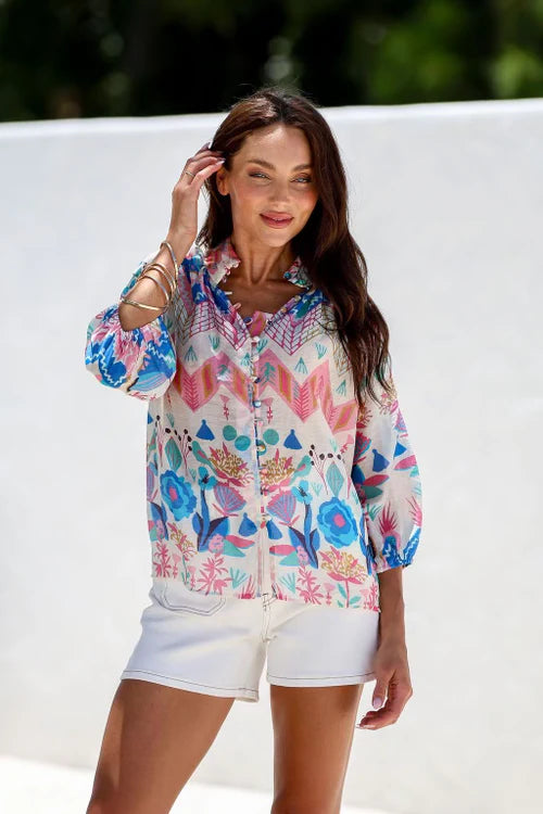 Esme top - white garden-Pash + Evolve-Our beautiful Esme top is the perfect one for any outfit. Featuring a stunning print all over, button down front and 3/4 sleeves. *Stunning print all over *Button down front *3/4 Sleeves *Lightweight material *70% Cotton, 30% Nylon-Pash + Evolve