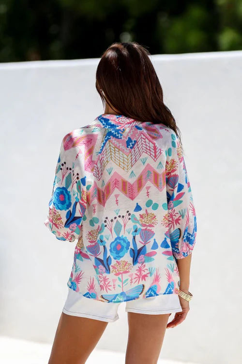 Esme top - white garden-Pash + Evolve-Our beautiful Esme top is the perfect one for any outfit. Featuring a stunning print all over, button down front and 3/4 sleeves. *Stunning print all over *Button down front *3/4 Sleeves *Lightweight material *70% Cotton, 30% Nylon-Pash + Evolve