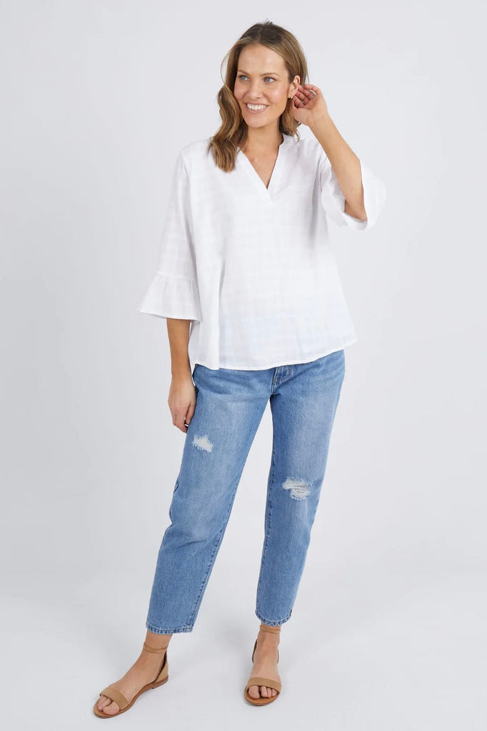 Evaline top - white-Elm-Cute lightweight top in fresh self check cotton. Featuring a split neckline, relaxed body and pretty frill detail on the sleeve, this is an easy wear top for all occasions. *Designed in Australia-Pash + Evolve