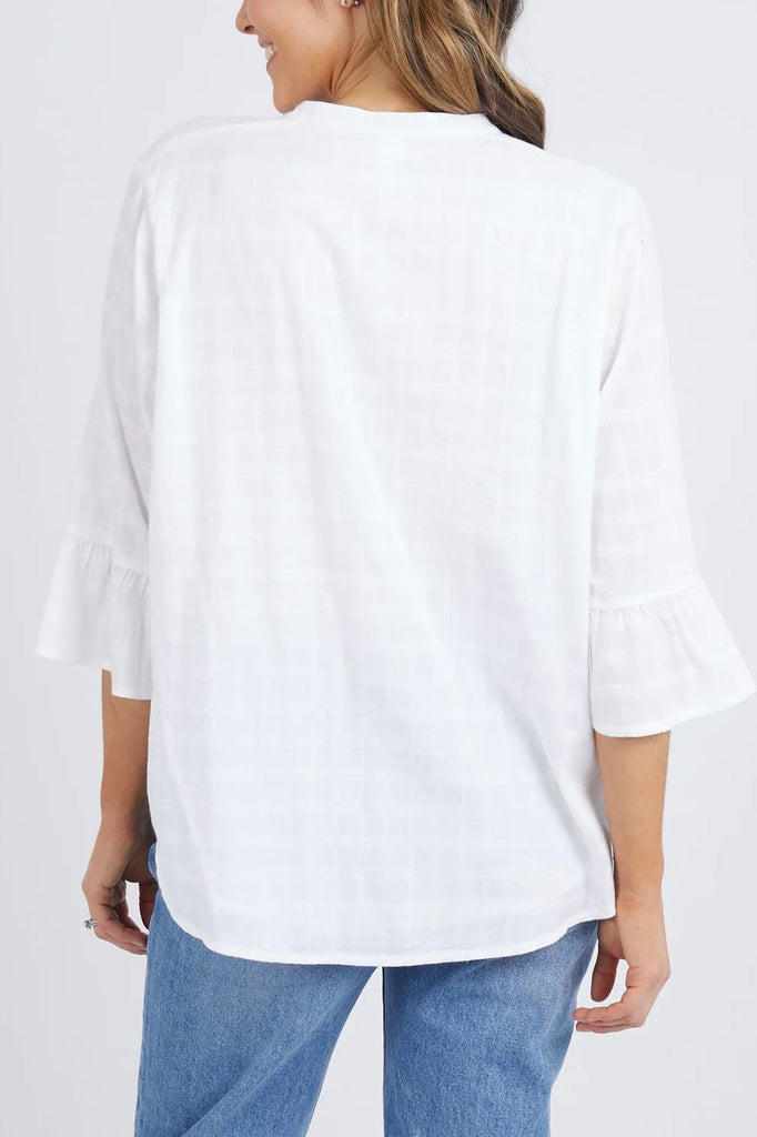 Evaline top - white-Elm-Cute lightweight top in fresh self check cotton. Featuring a split neckline, relaxed body and pretty frill detail on the sleeve, this is an easy wear top for all occasions. *Designed in Australia-Pash + Evolve