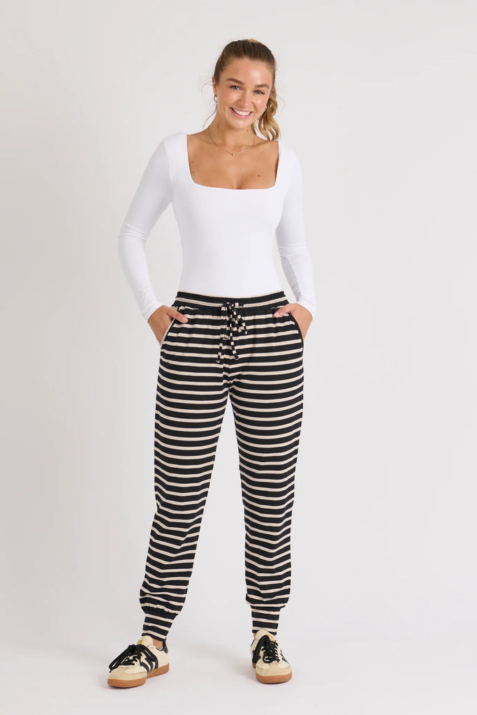 Everyday Pant - Beige Stripe-One Ten Willow-Elasticated Waist Band Self Fabric Waist Tie Side Pockets Full Length Cuffed Leg Opening Fabrication: 95% Cotton 5% Elastane Jersey-Pash + Evolve