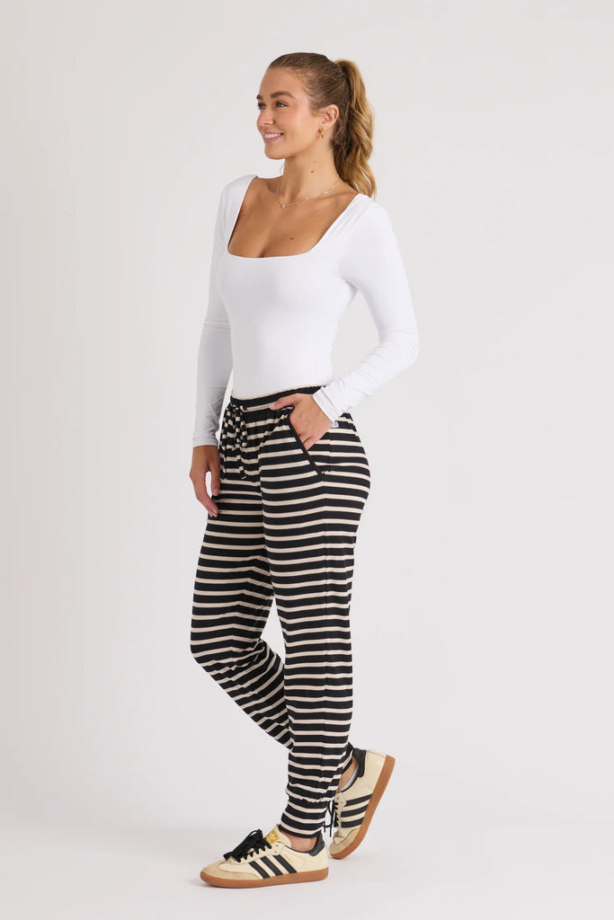 Everyday Pant - Beige Stripe-One Ten Willow-Elasticated Waist Band Self Fabric Waist Tie Side Pockets Full Length Cuffed Leg Opening Fabrication: 95% Cotton 5% Elastane Jersey-Pash + Evolve