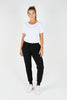 Everyday Pant - Black-One Ten Willow-Discover our best-selling women's black pants, where comfort meets style in every detail. Crafted from a soft and stretchy blend of 95% cotton and 5% elastane, these pants offer a perfect balance of breathability and flexibility, ensuring a comfortable fit that moves with you throughout the day. The elasticated waistband provides a snug yet comfortable fit, eliminating the need for a belt and offering effortless wear. Designed with versatility in mind, these pants featur