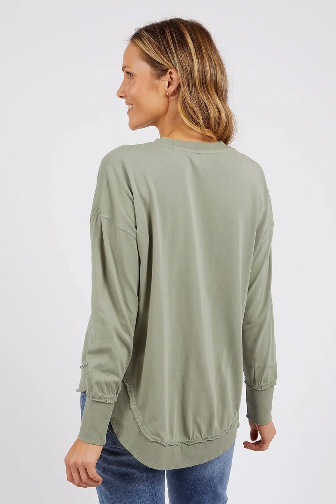 Farrah Long Sleeve - Sage Green-Foxwood-A new crew to the Foxwood range the Farrah Long Sleeve in 100% Fresh Pima Cotton features a classic crew neckline and raw edge detail. This relaxed fit jumper is an easy everyday wear. Round neckline Raw edge detail Relaxed fit Pima Cotton Jersey Our model wears size 8-Pash + Evolve