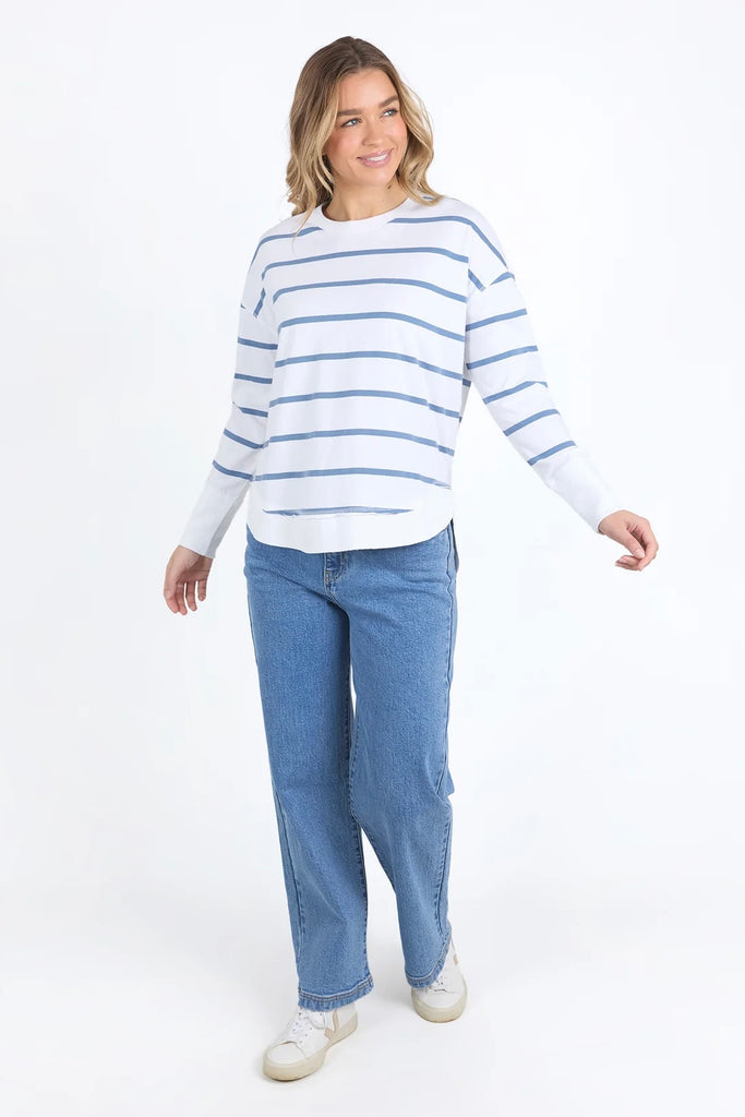 Farrah long sleeve - white/cornet blue stripe-Foxwood-A new crew to the Foxwood range the Farrah Long Sleeve in 100% Fresh Pima Cotton features a classic crew neckline and raw edge detail. This relaxed fit jumper is an easy everyday wear. Round neckline Raw edge detail Relaxed fit Pima Cotton Jersey Our model is 176cm and wears Size 10-Pash + Evolve