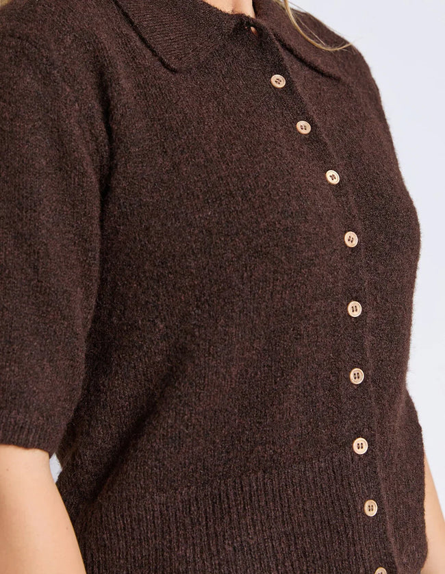 Fernie button knit - coffee bean-Foxwood-*Front button opening *Knit collar*Relaxed fit*76% Recycled Polyester 15% Nylon 6% Wool 3% Elastane-Pash + Evolve