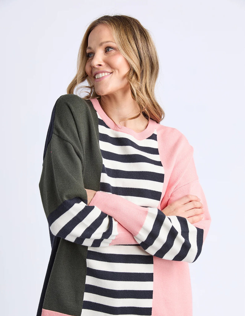 Freja knit - navy block stripe-Elm-*Long sleeve *Block stripe *Round neck *Hi-Low hemline *Relaxed fit *Viscose,Nylon,Polyester, Wool blend-Pash + Evolve
