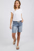 Gabby Bermuda Short - Mid Blue-Foxwood-Super flattering and offering next level comfort, the Gabby Bermuda length shorts feature a elasticated waist with drawstring and a mid rise for tummy hugging comfort. These high-stretch denim shorts have a relaxed leg and you'll want to live in them, we promise! COTTON/POLYESTER & ELASTANE Model wears Size 10 and is 178cm tall-Pash + Evolve